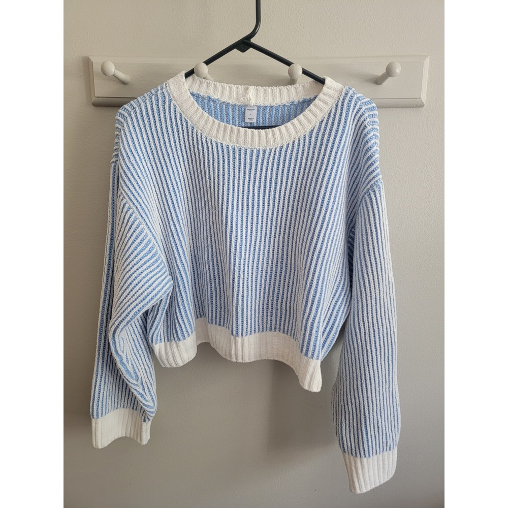 Arizona Women's Small Cropped Knit Sweater Blue White Casual Soft Comfy Crewneck